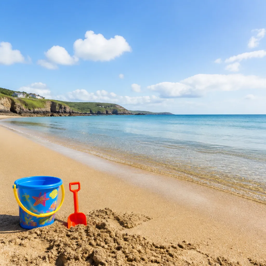 Flacher Sandstrand mit ruhigem Wasser und Strandspielzeug, ideal fuer Familien mit Kindern
