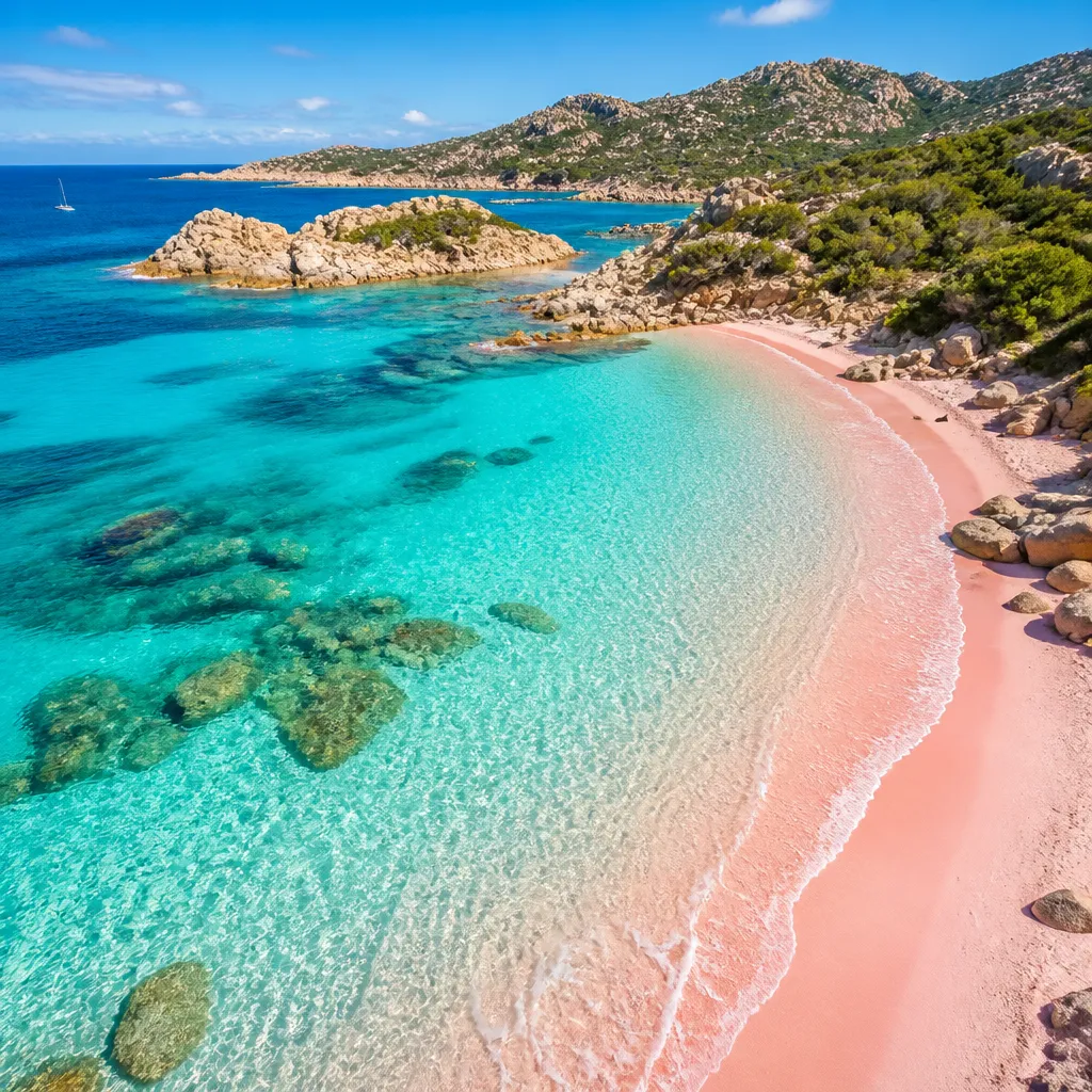 Türkisfarbene Lagune mit rosa schimmerndem Sandstrand auf Kreta
