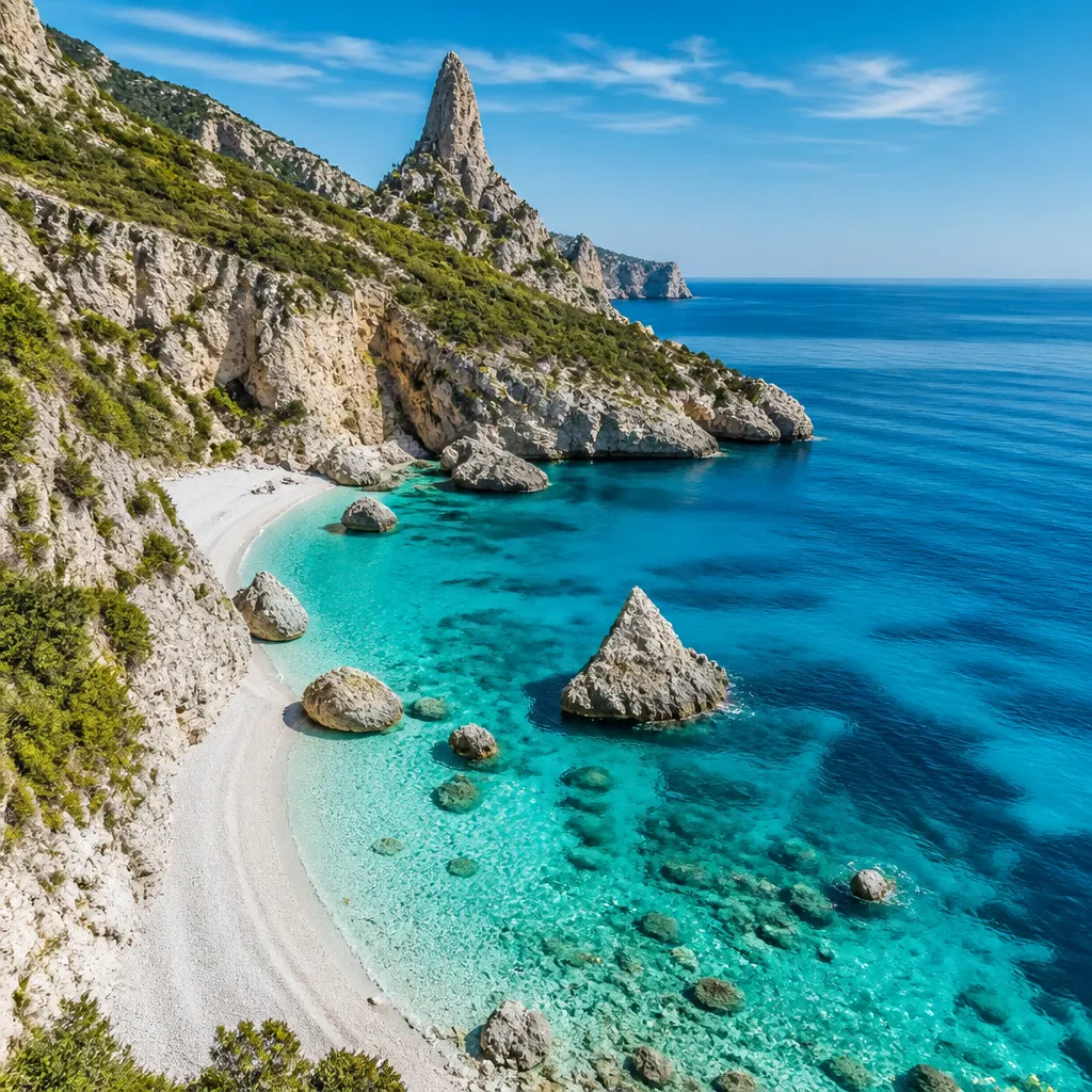 Türkisfarbene Bucht Cala Goloritzé auf Sardinien mit Kalksteinfelsen und weißem Kiesstrand
