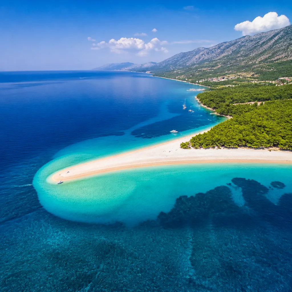 Zlatni Rat Strand auf Brač mit türkisem Wasser und Pinienwald aus der Vogelperspektive