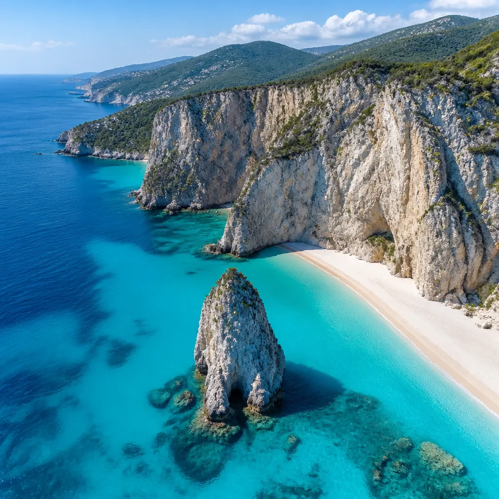 Türkisfarbene Bucht mit weißem Sandstrand und Felsformationen an der italienischen Küste