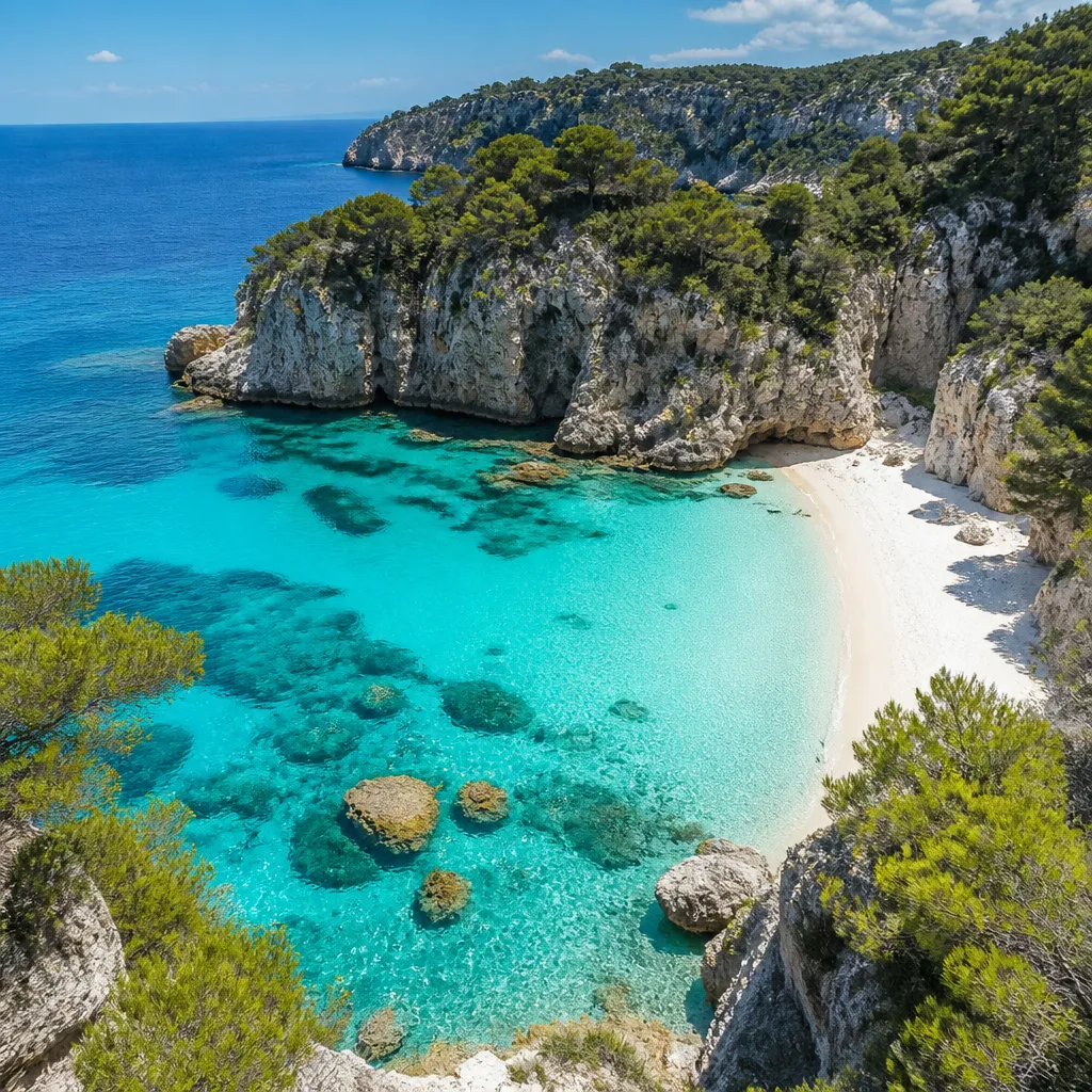 Türkisfarbene Bucht mit weißem Sandstrand und Kalkfelsen an der Küste Mallorcas