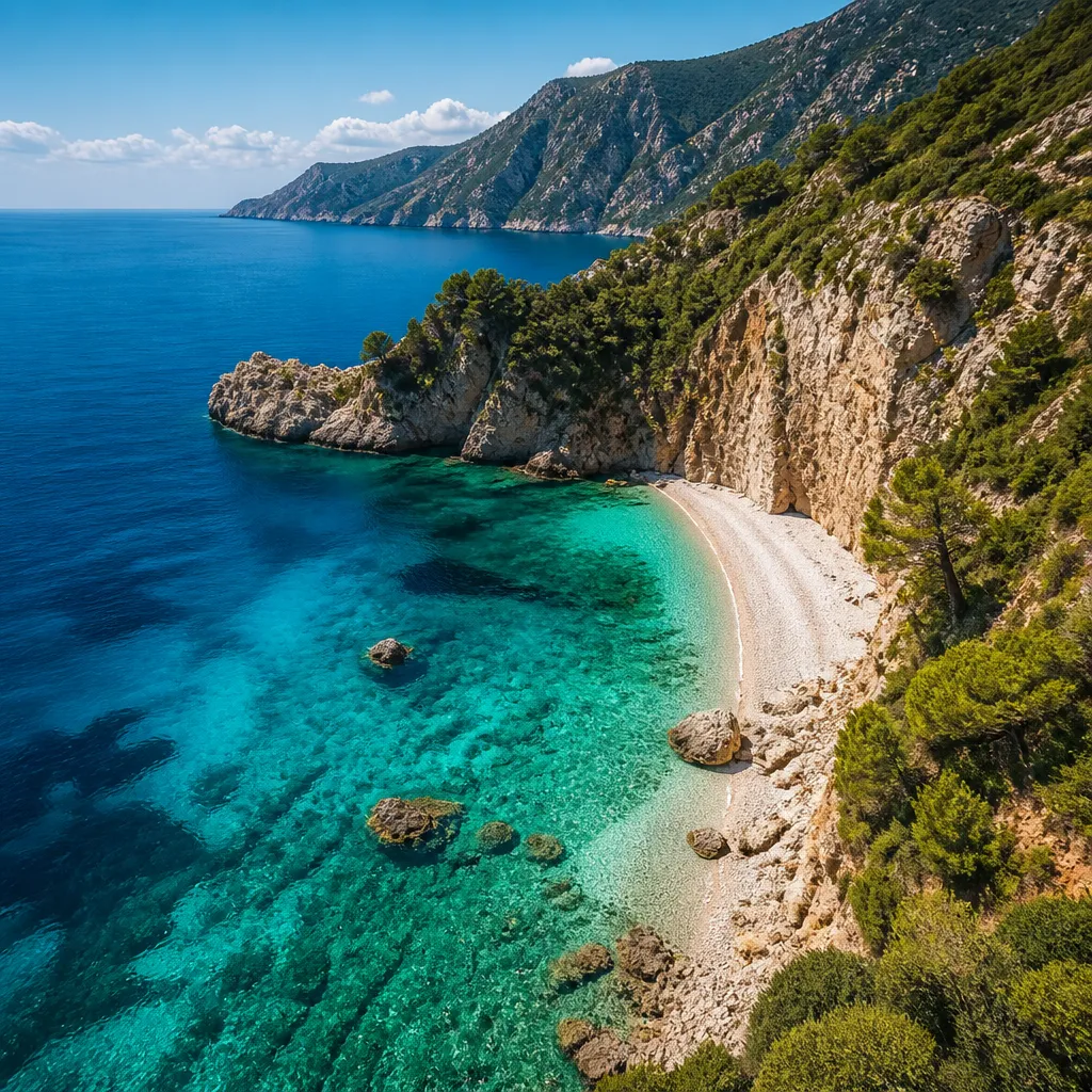 Türkisblaue Bucht an der albanischen Riviera mit steilen Klippen und klarem Wasser