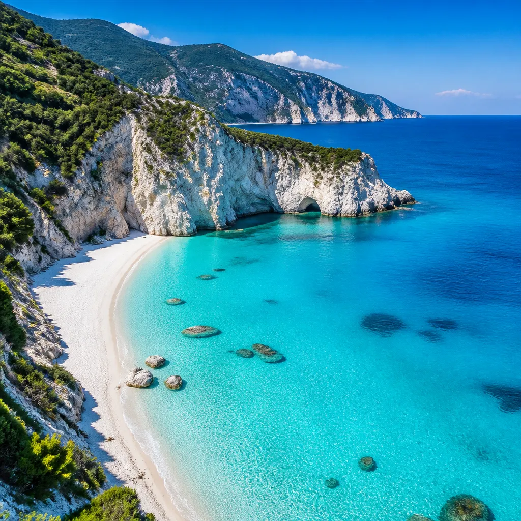Türkisblaue Lagune mit weißem Sandstrand und Felsküste in Griechenland aus der Vogelperspektive
