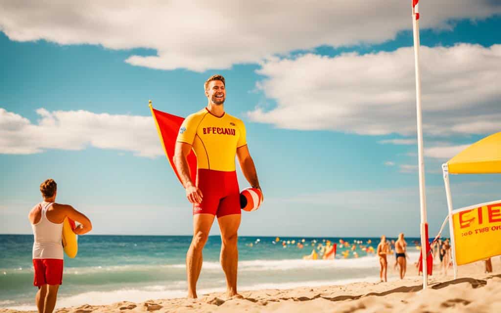 Rettungsschwimmer und rot-gelbe Flagge am Strand
