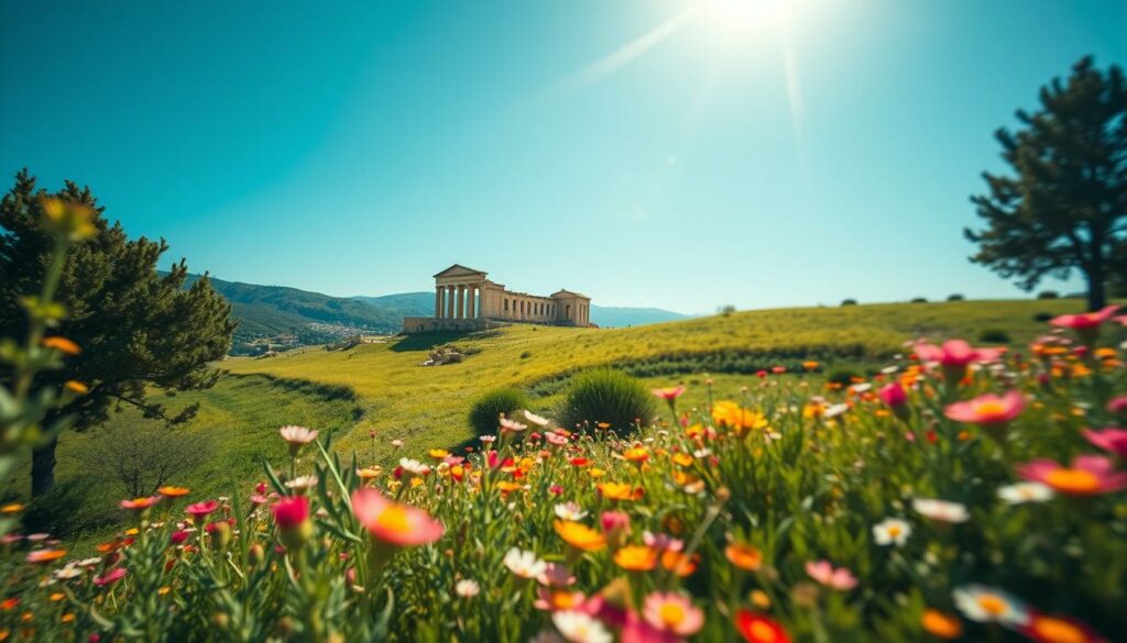 Griechische Frühlingslandschaft mit Sonnenschein